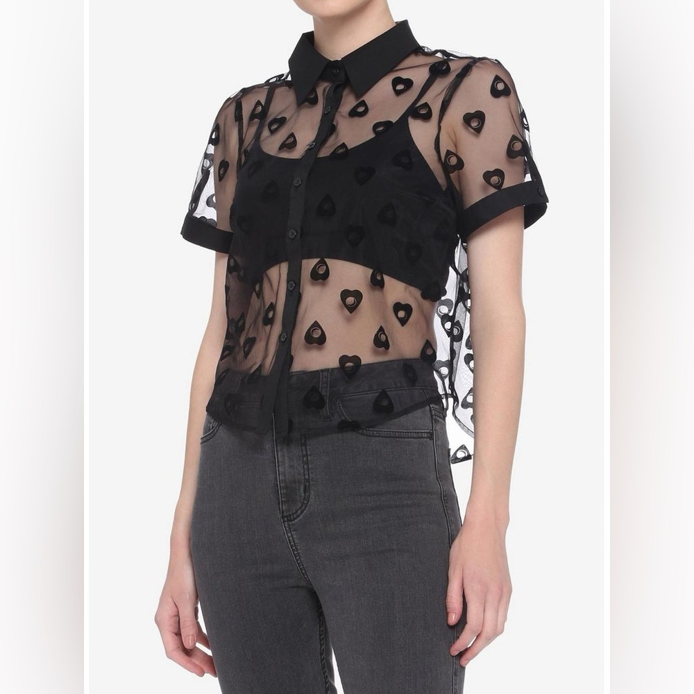 Black Flocked Planchette Sheer Girls Button-Up. Size XS New Hot Topic